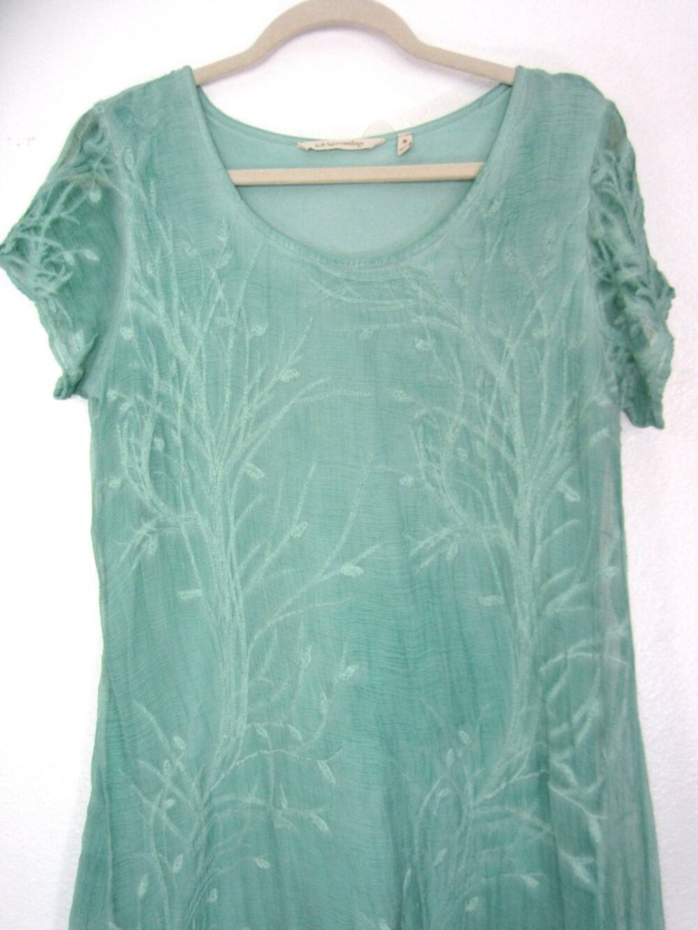 Soft Surroundings Size M Embroidered Silk Overlay Pullover Midi Dress Green